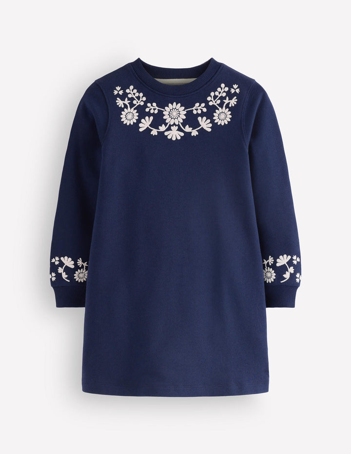 Ida Sweatshirt Appliqué Dress-Navy Floral Embroidery