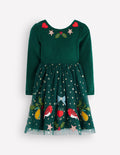 Aurora Appliqué Tulle Dress-Green Festive Robins
