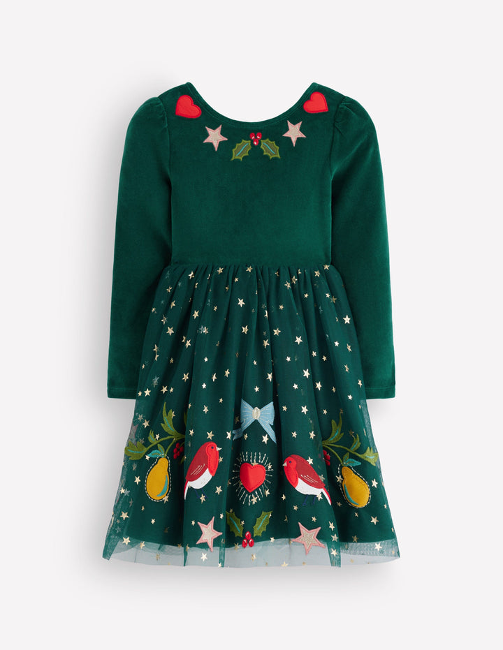 Aurora Appliqué Tulle Dress-Green Festive Robins