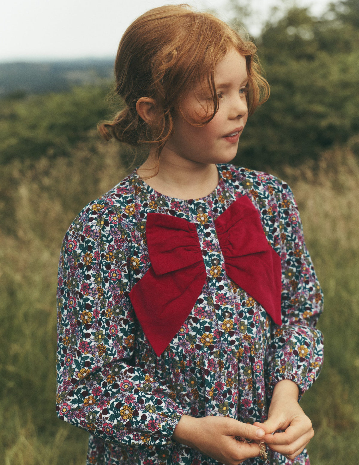 Norah Button-through Bow Dress-Floral Corduroy - Image 1