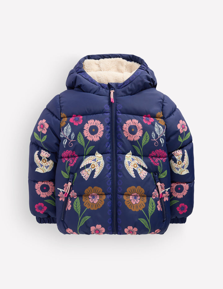 Fun Padded Coat-Navy Bird Placement Print