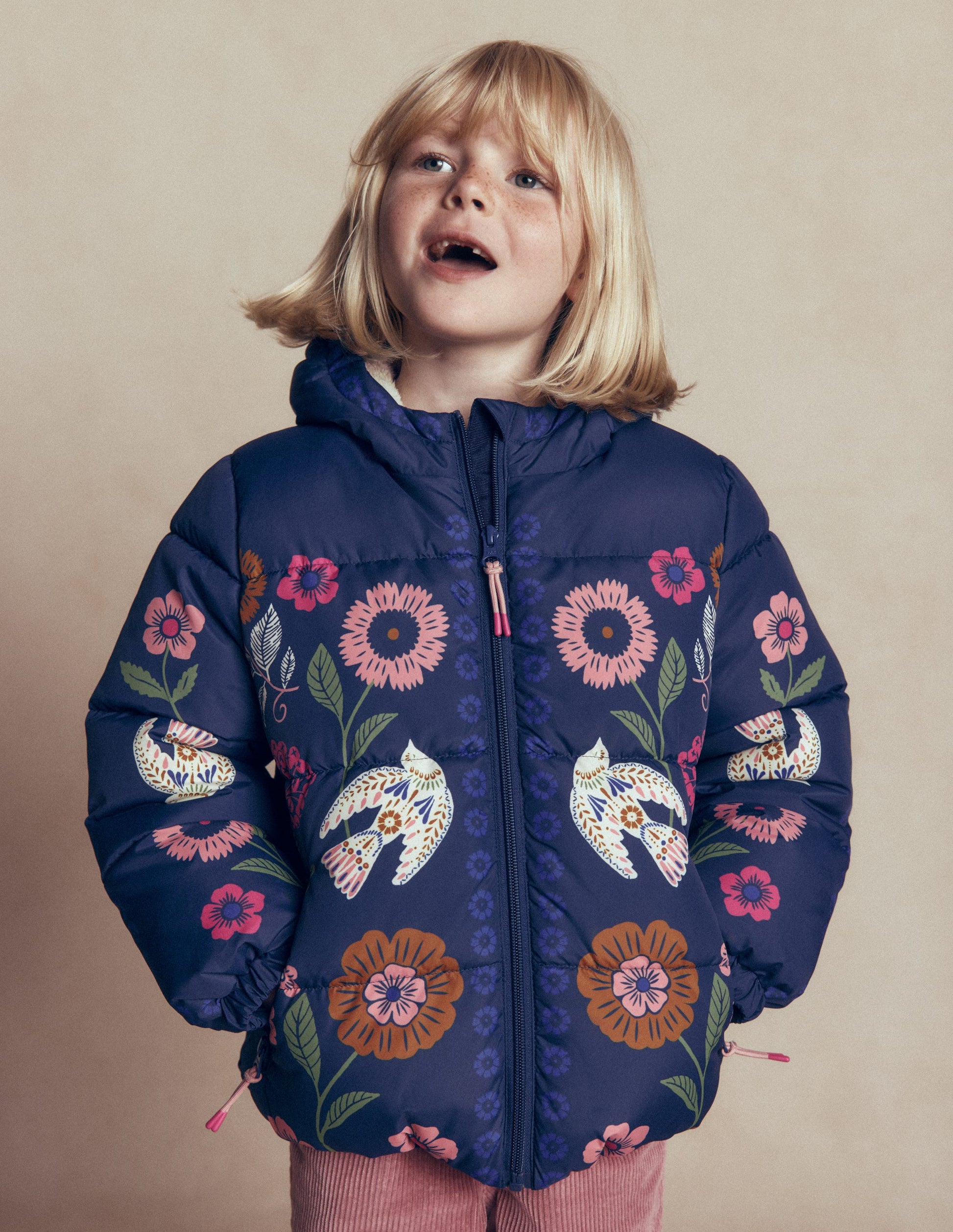 Fun Padded Coat-Navy Bird Placement Print-2