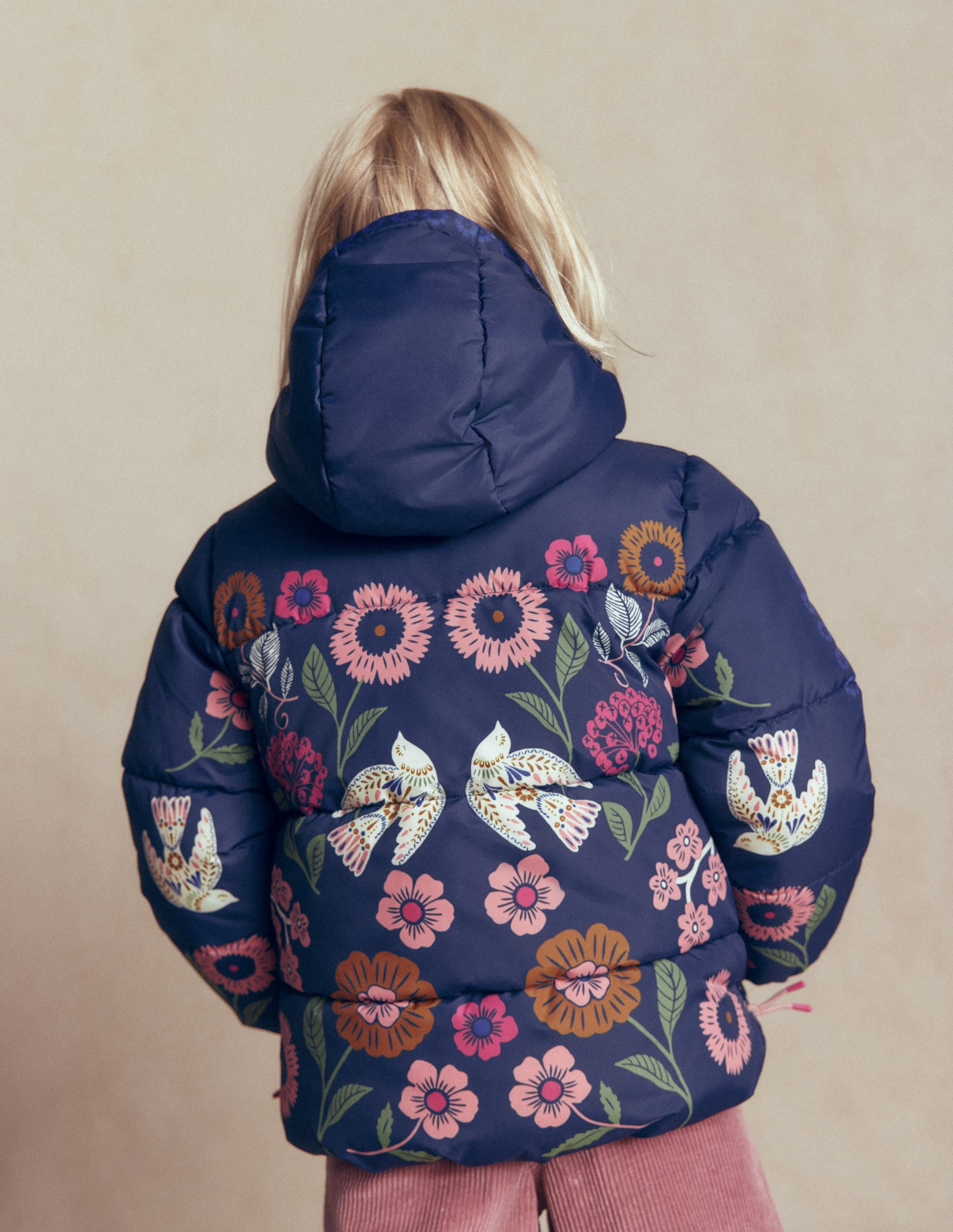 Fun Padded Coat-Navy Bird Placement Print - Image 3