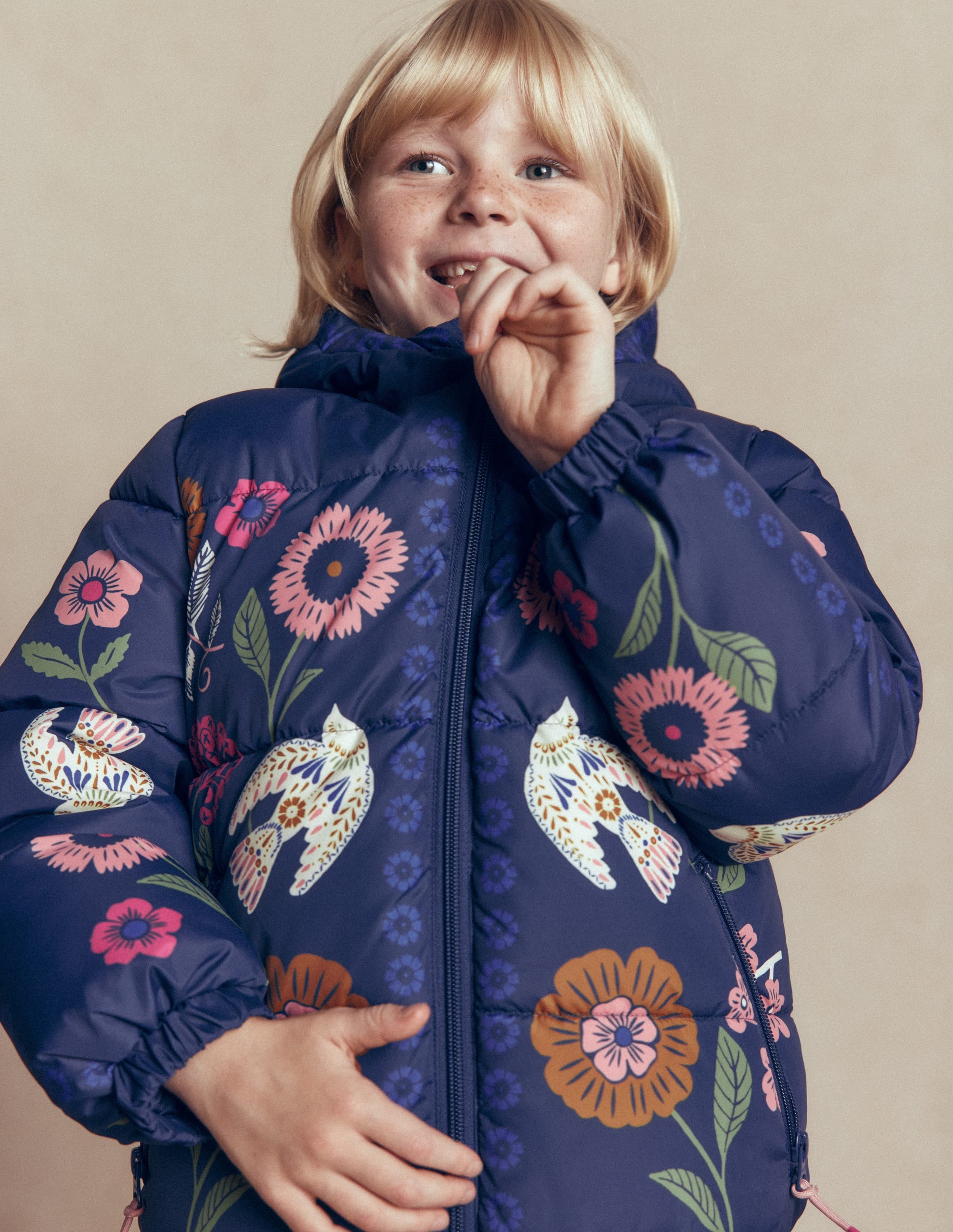 Fun Padded Coat-Navy Bird Placement Print - Image 4