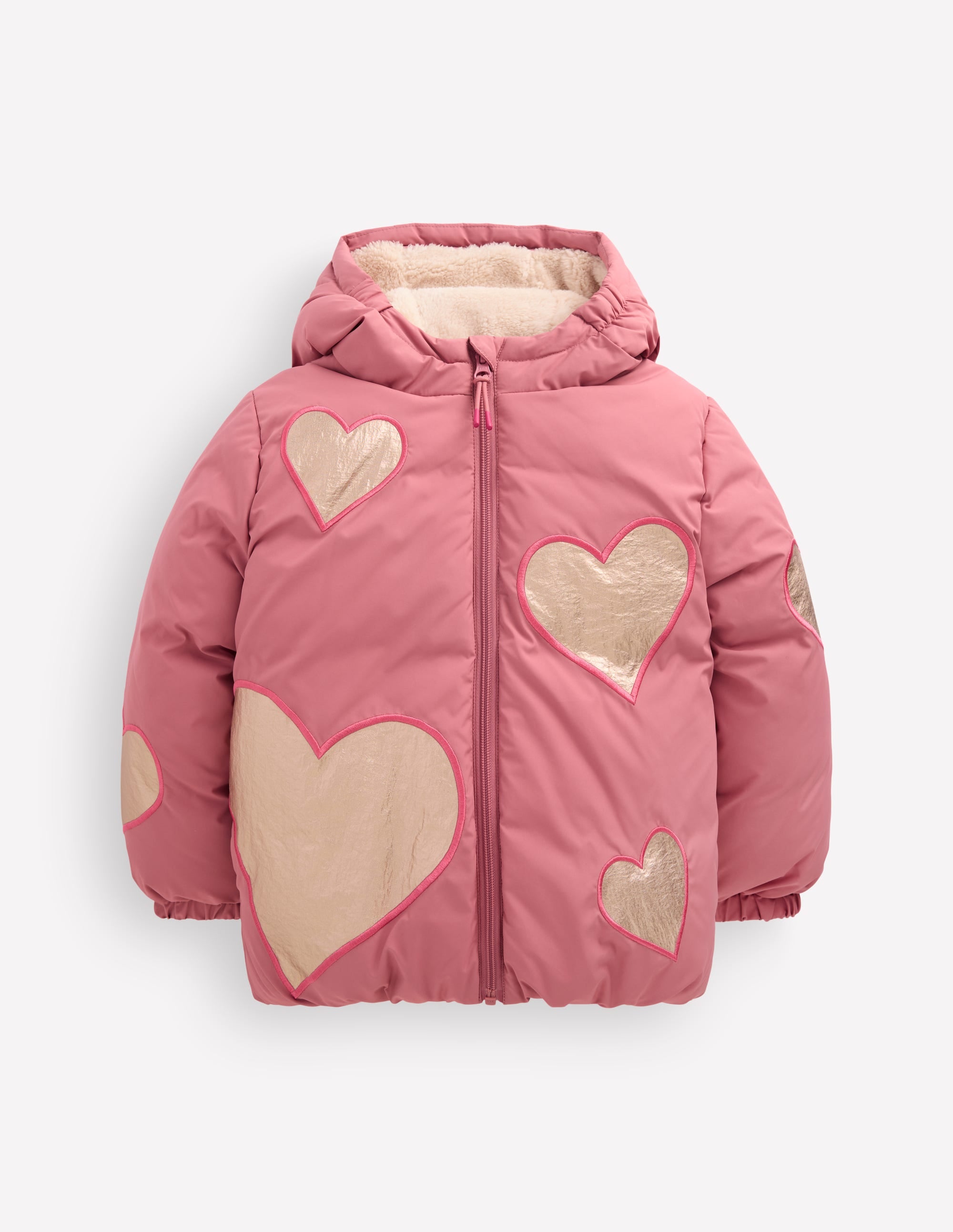 Fun Padded Coat-Pink Applique Metallic Hearts - Image 4