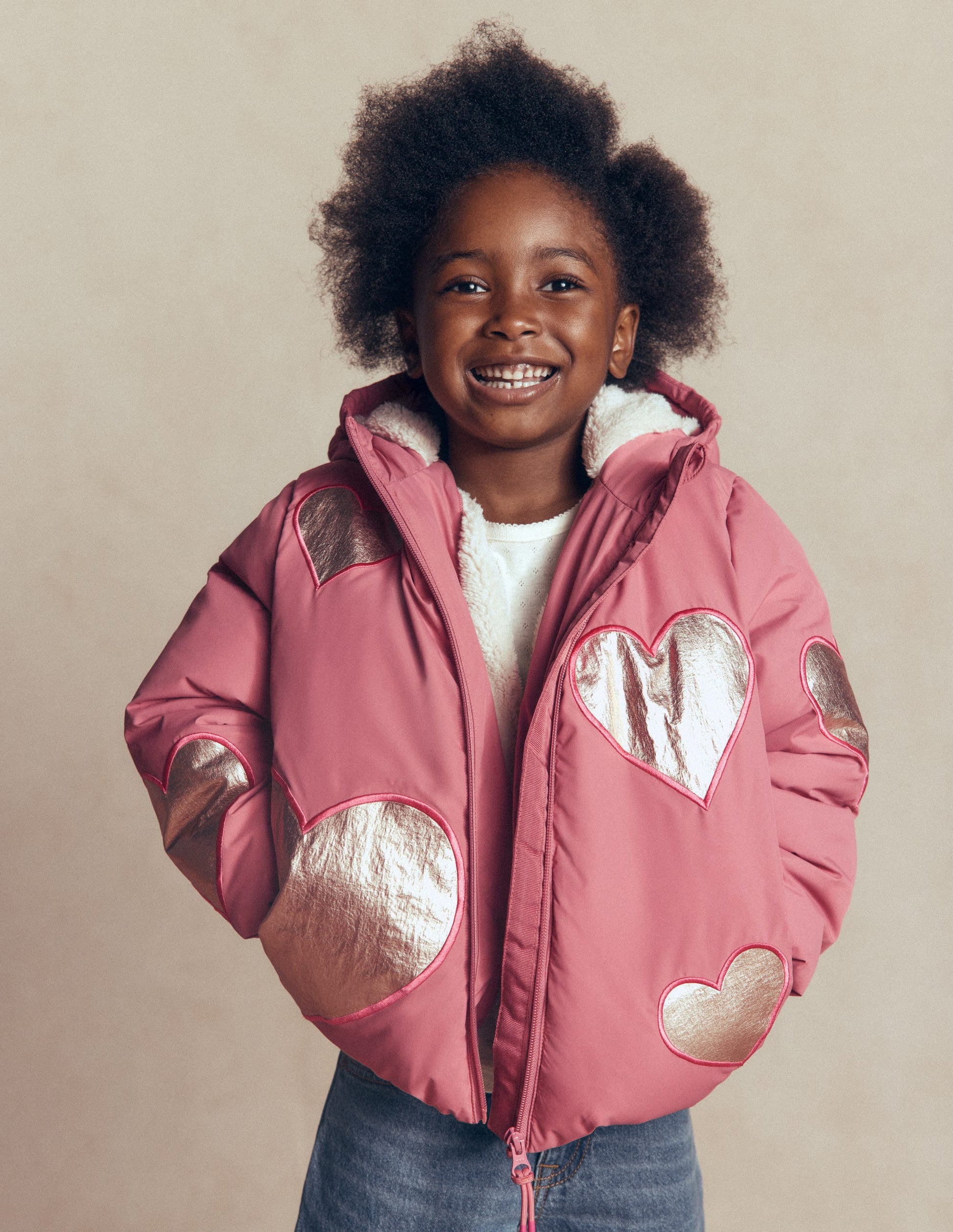 Fun Padded Coat-Pink Applique Metallic Hearts-1