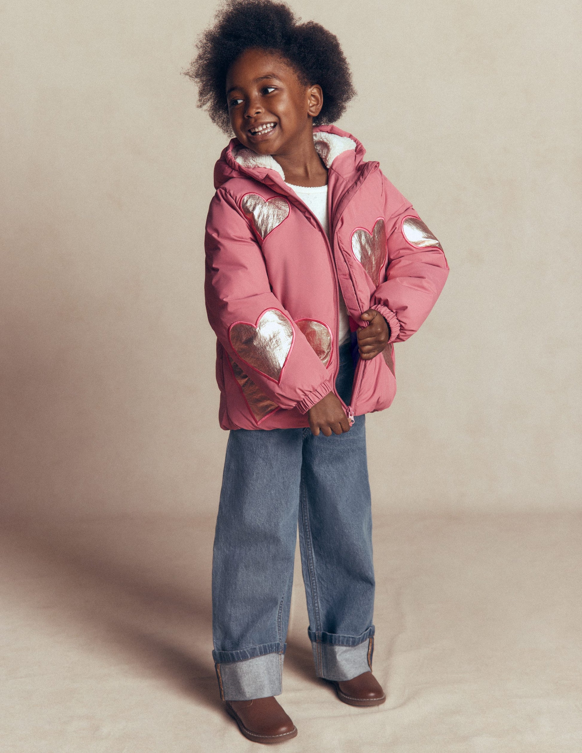 Fun Padded Coat-Pink Applique Metallic Hearts-2