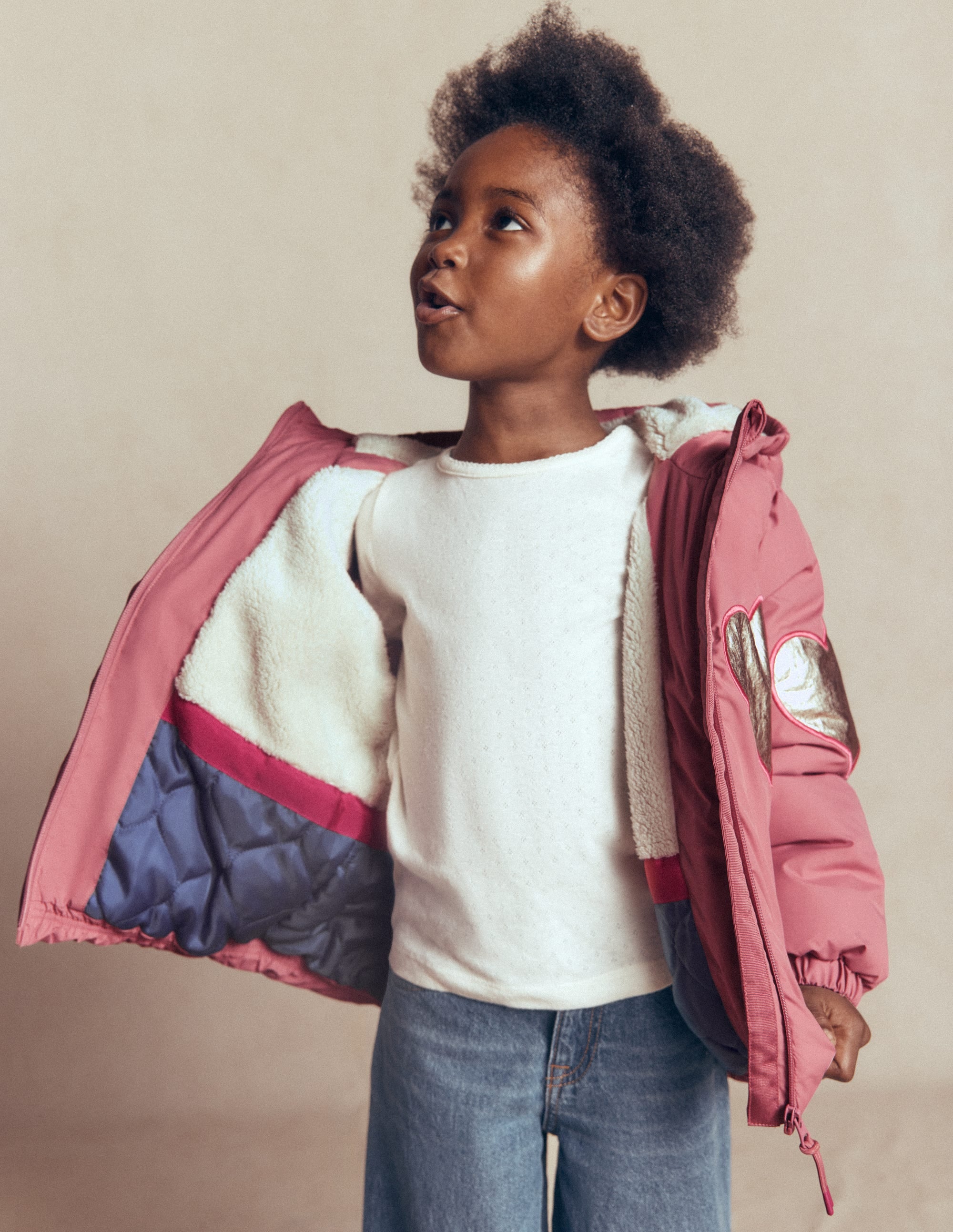Fun Padded Coat-Pink Applique Metallic Hearts - Image 3