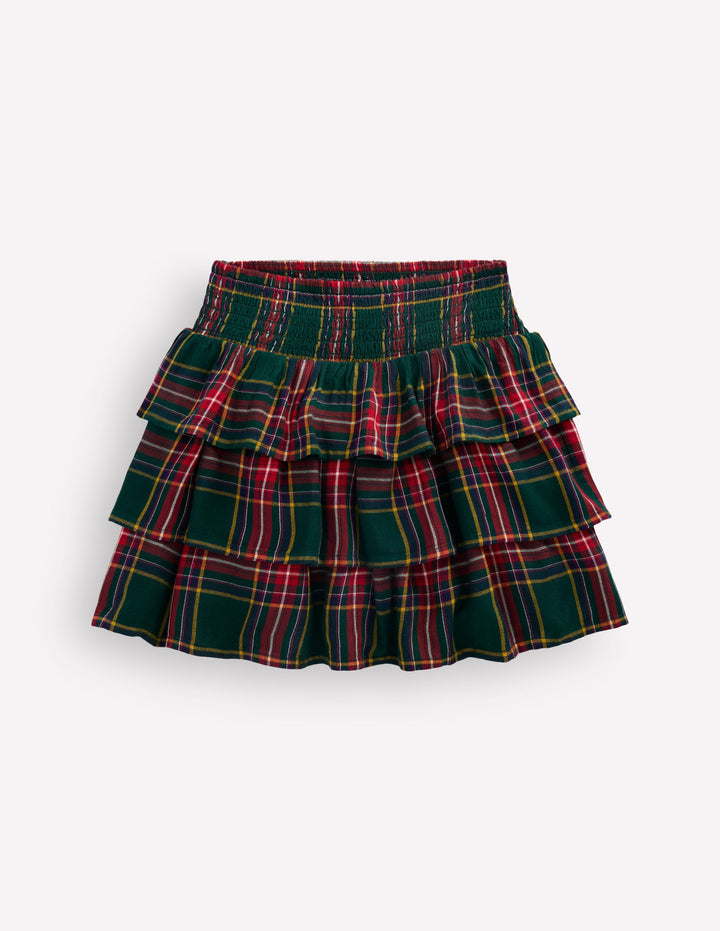 Smocked Waist Ruffle Skirt-Green Check