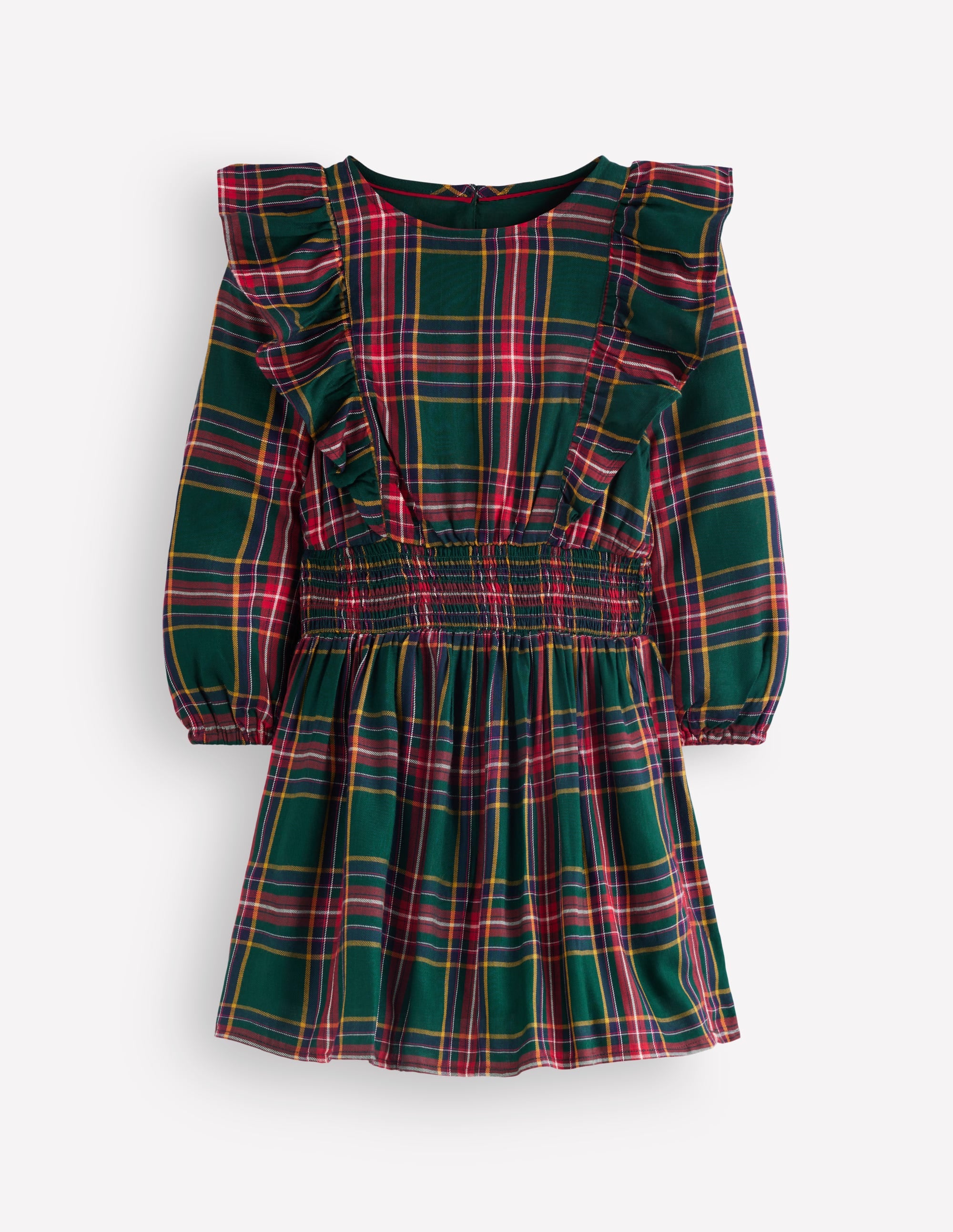 Shirred Drop Waist Dress-Green/ Red Check - Image 7