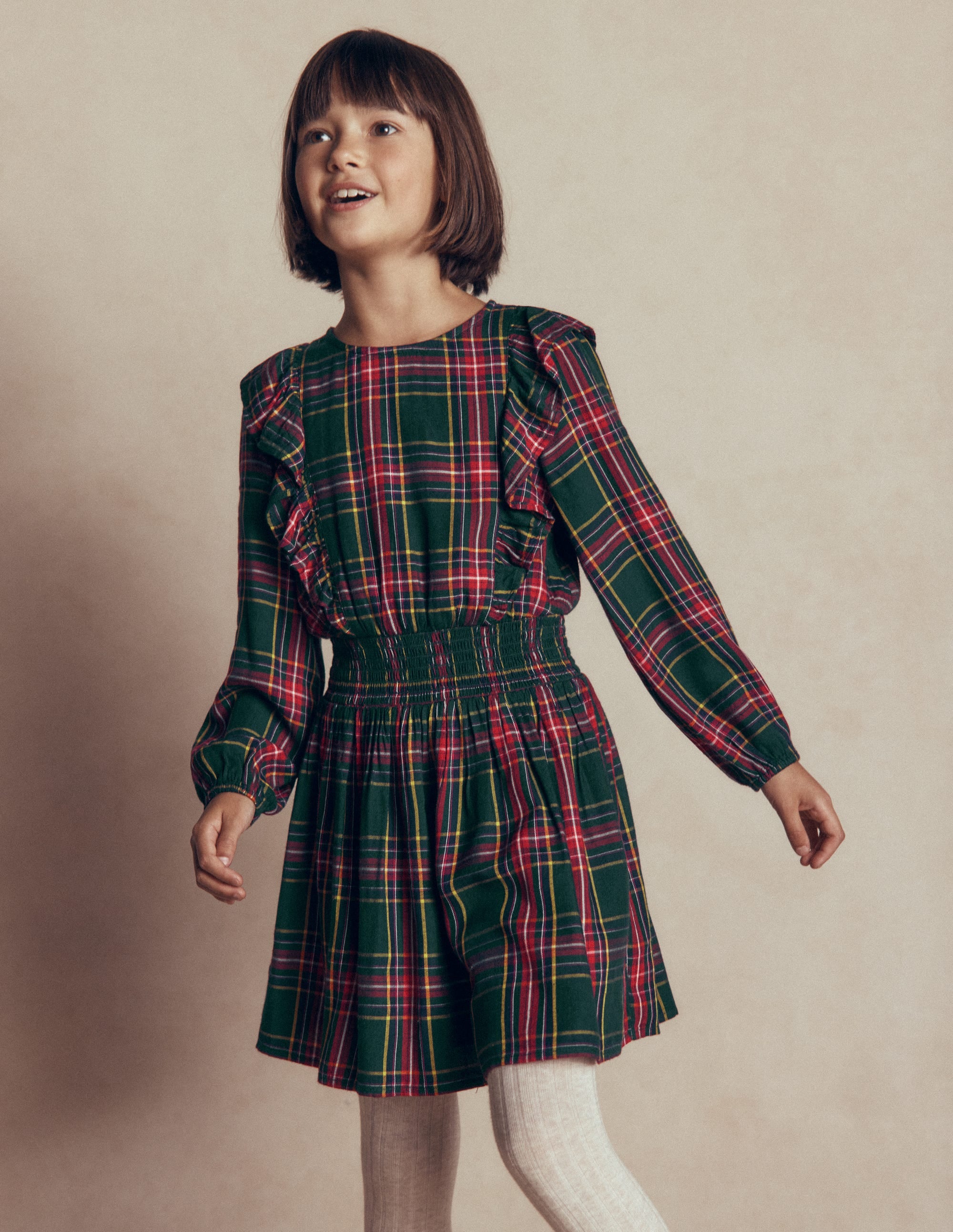 Shirred Drop Waist Dress-Green/ Red Check - Image 2