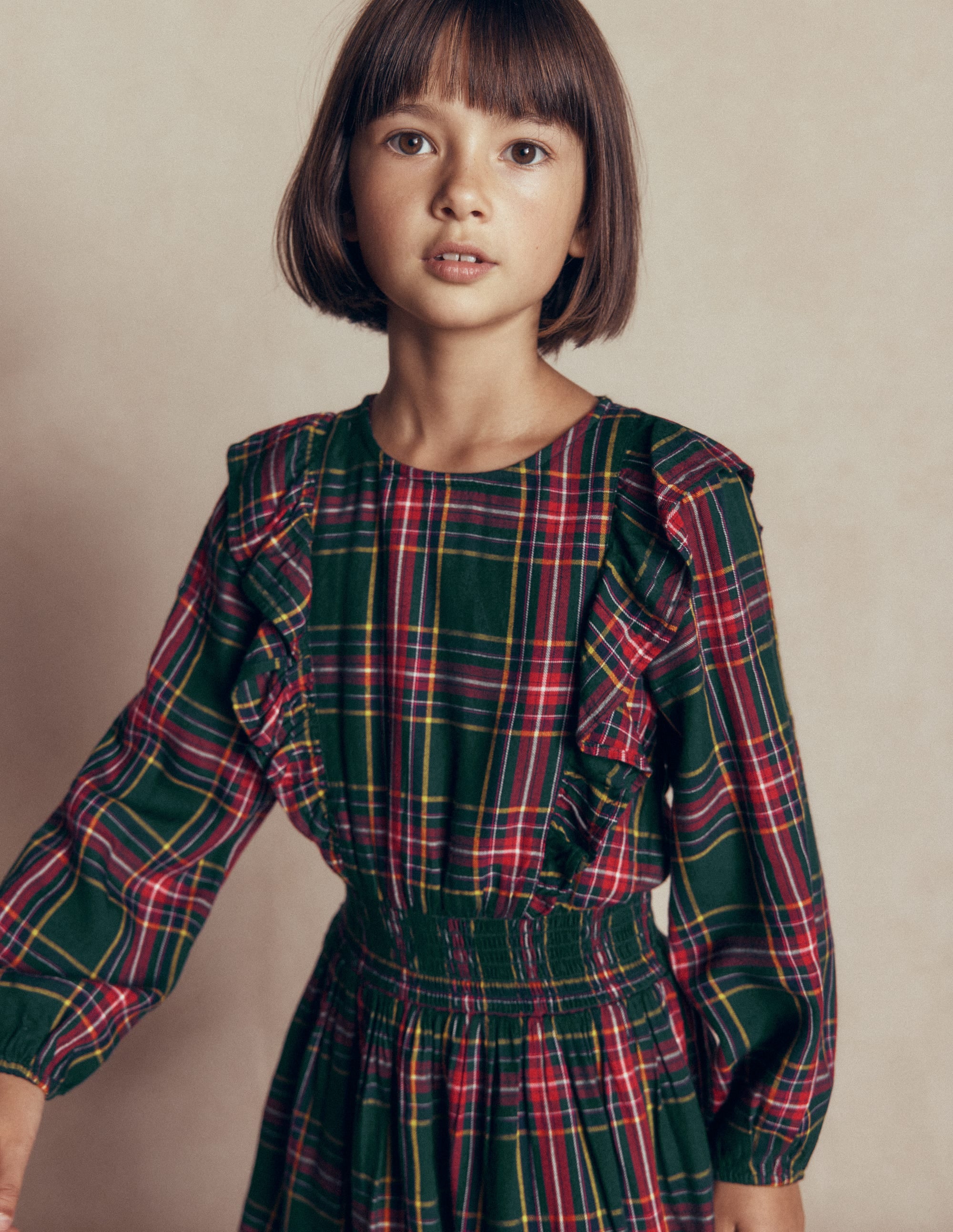 Shirred Drop Waist Dress-Green/ Red Check - Image 3
