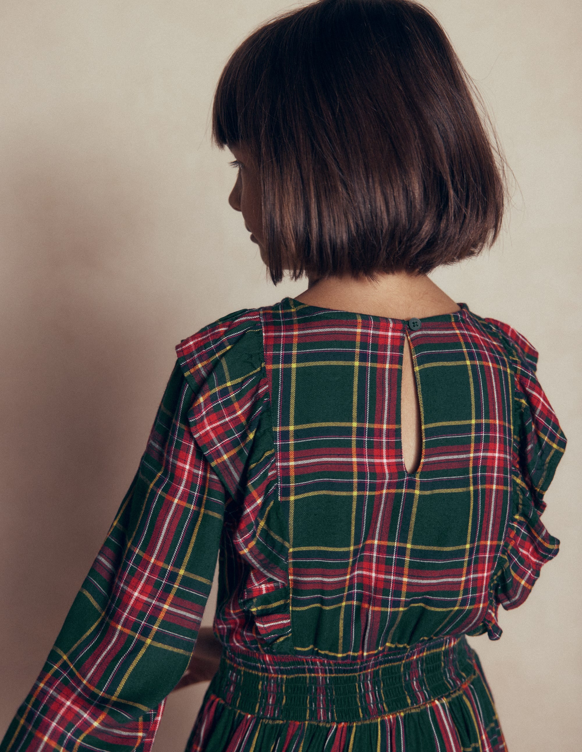Shirred Drop Waist Dress-Green/ Red Check - Image 4
