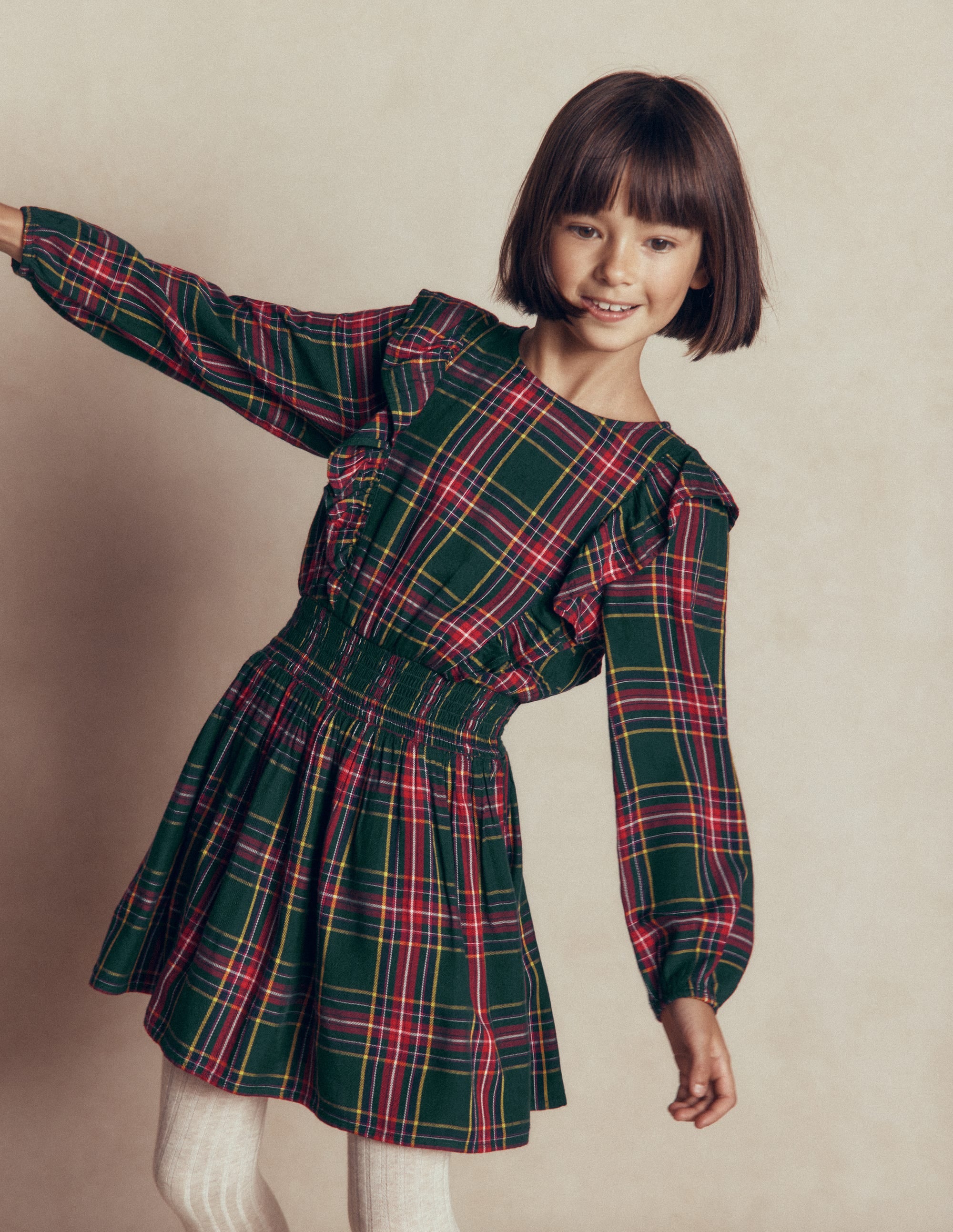 Shirred Drop Waist Dress-Green/ Red Check - Image 5
