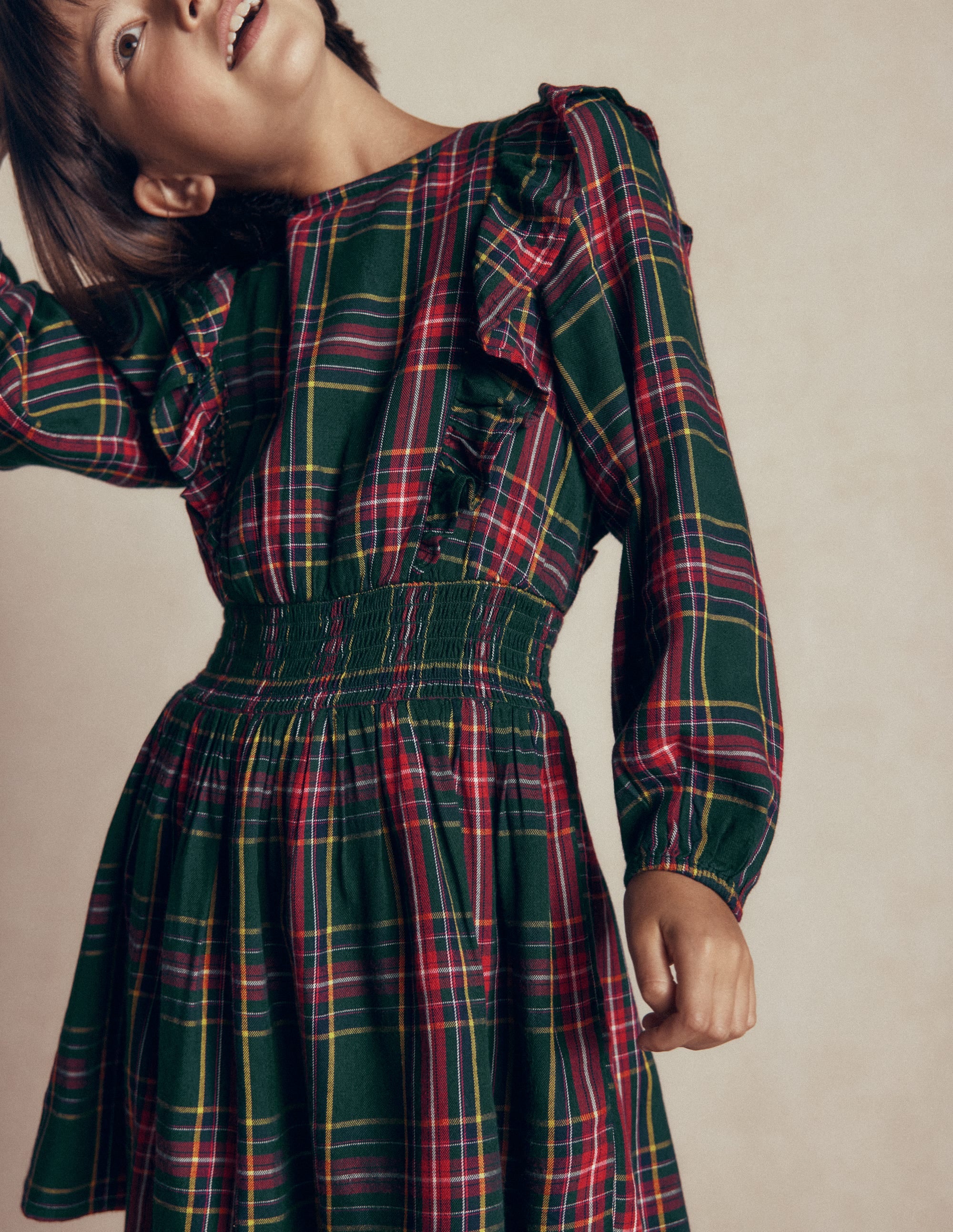 Shirred Drop Waist Dress-Green/ Red Check - Image 6