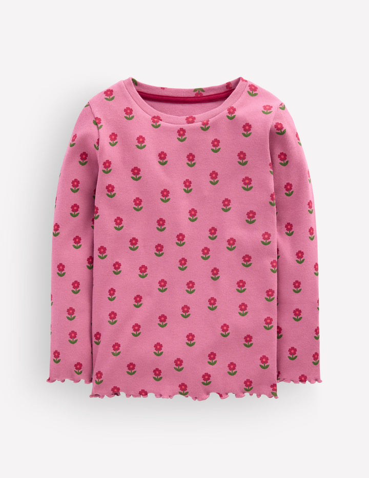 Ribbed Long Sleeve T-Shirt-Pink Floral