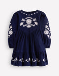 Celia Wing Sleeve Dress-Navy Corduroy Embroidery