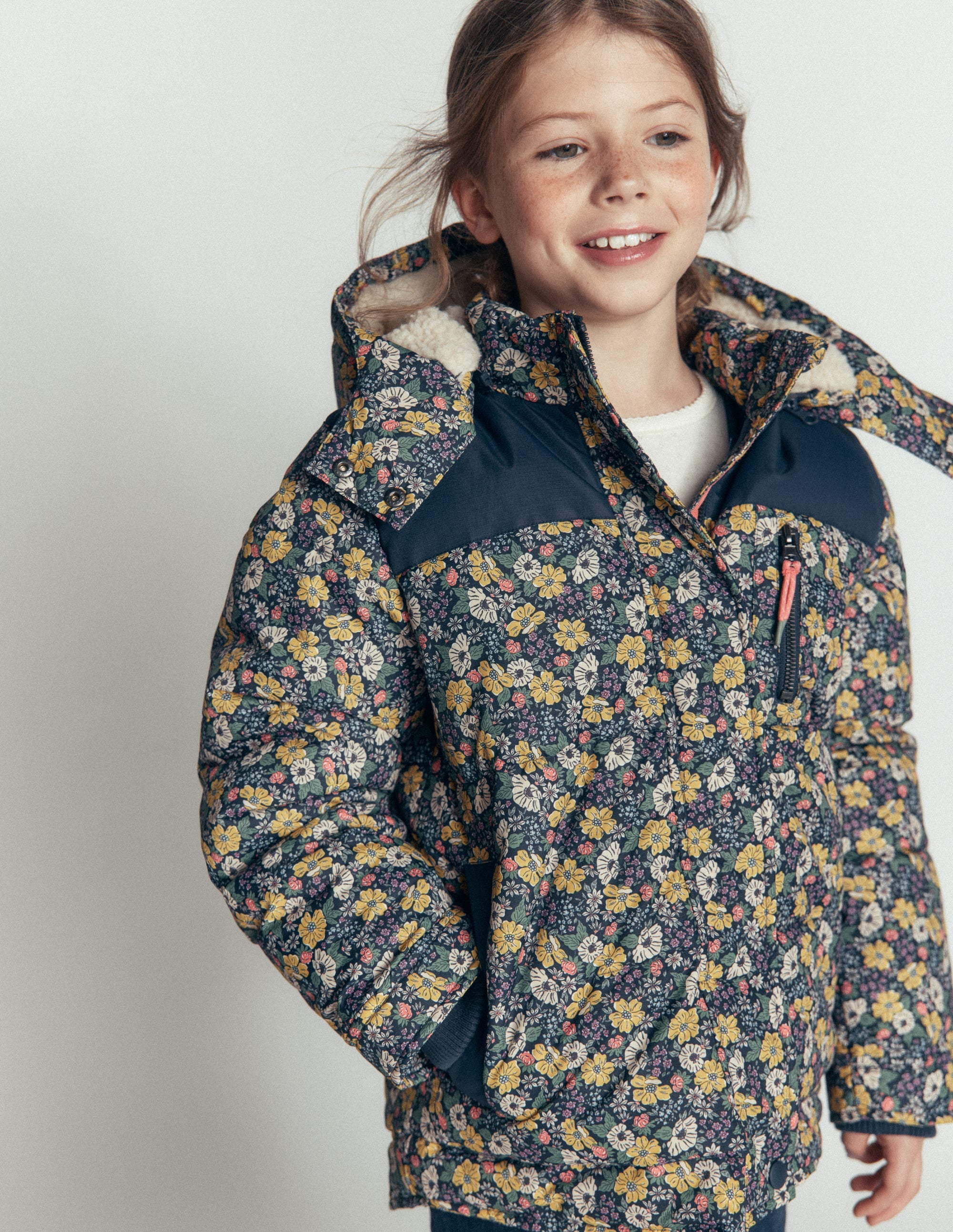 Borg Lined Puffer Coat-French Navy Mixed Flowerbed - Image 3