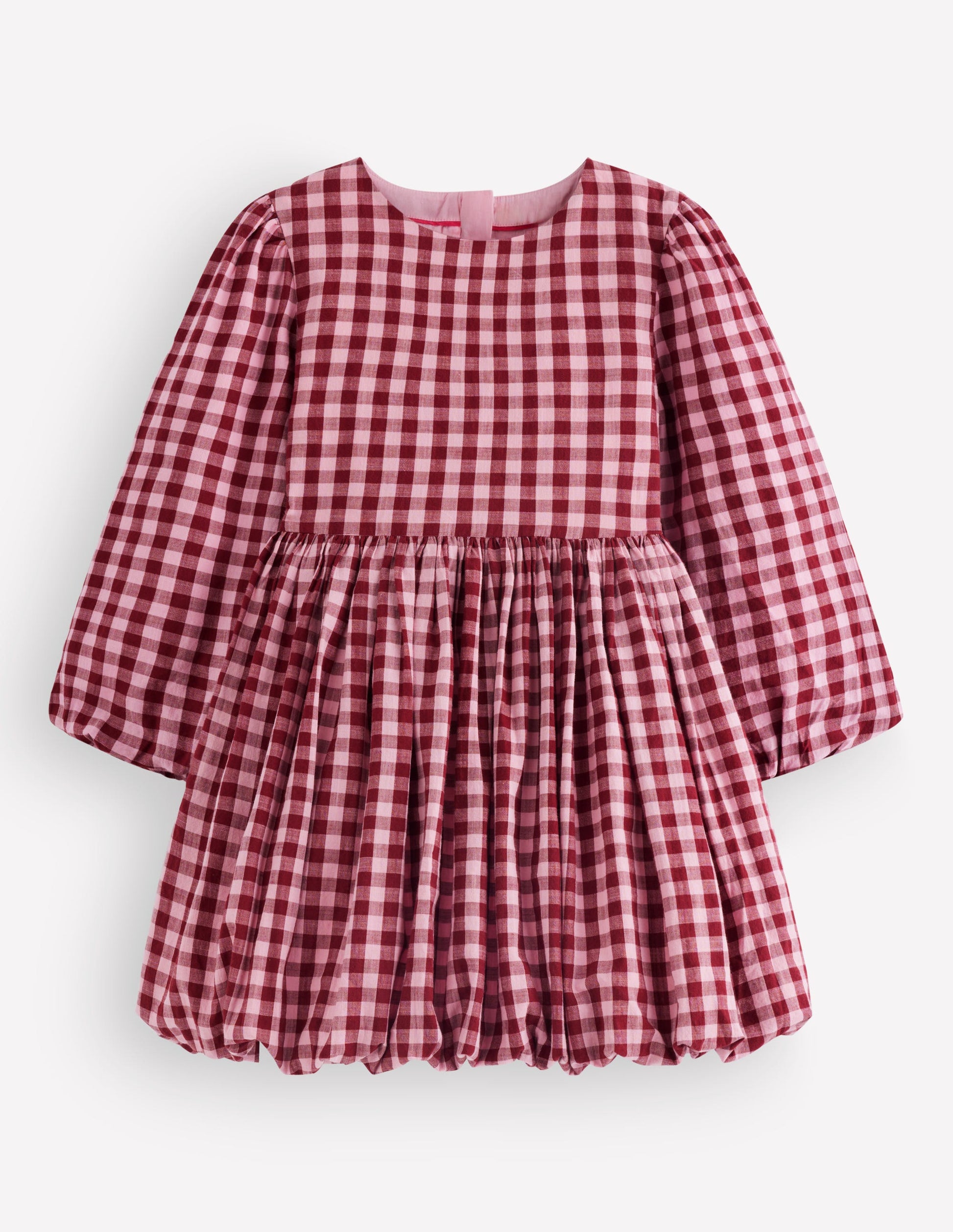 Long Sleeve Bubble Hem Dress-Red Check-4