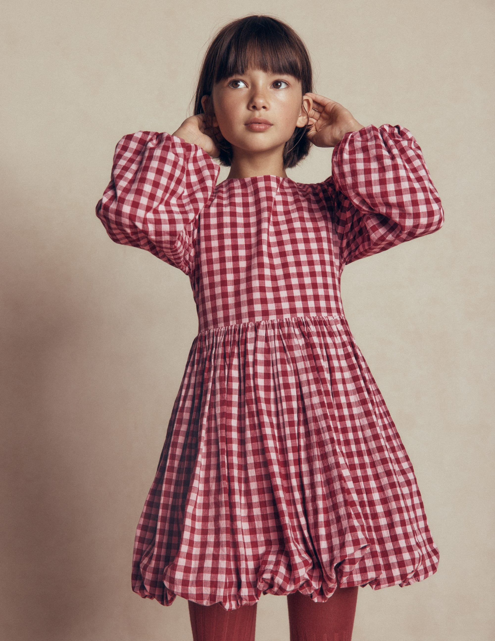 Long Sleeve Bubble Hem Dress-Red Check - Image 2