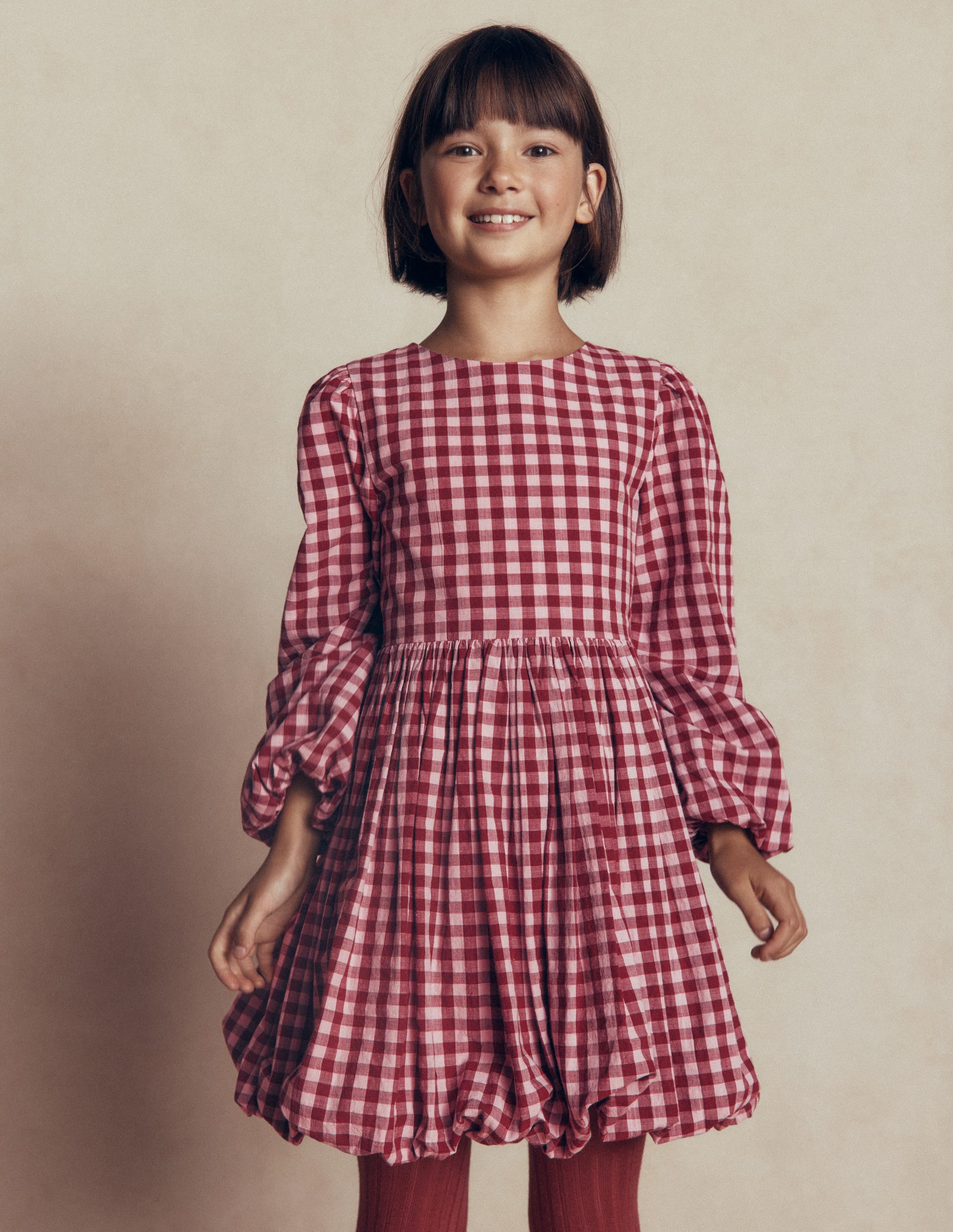 Long Sleeve Bubble Hem Dress-Red Check - Image 3
