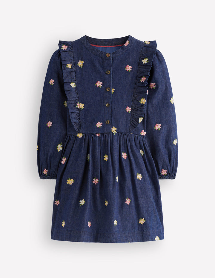 Winnie Frill Trim Shirt Dress-Denim Embroidery