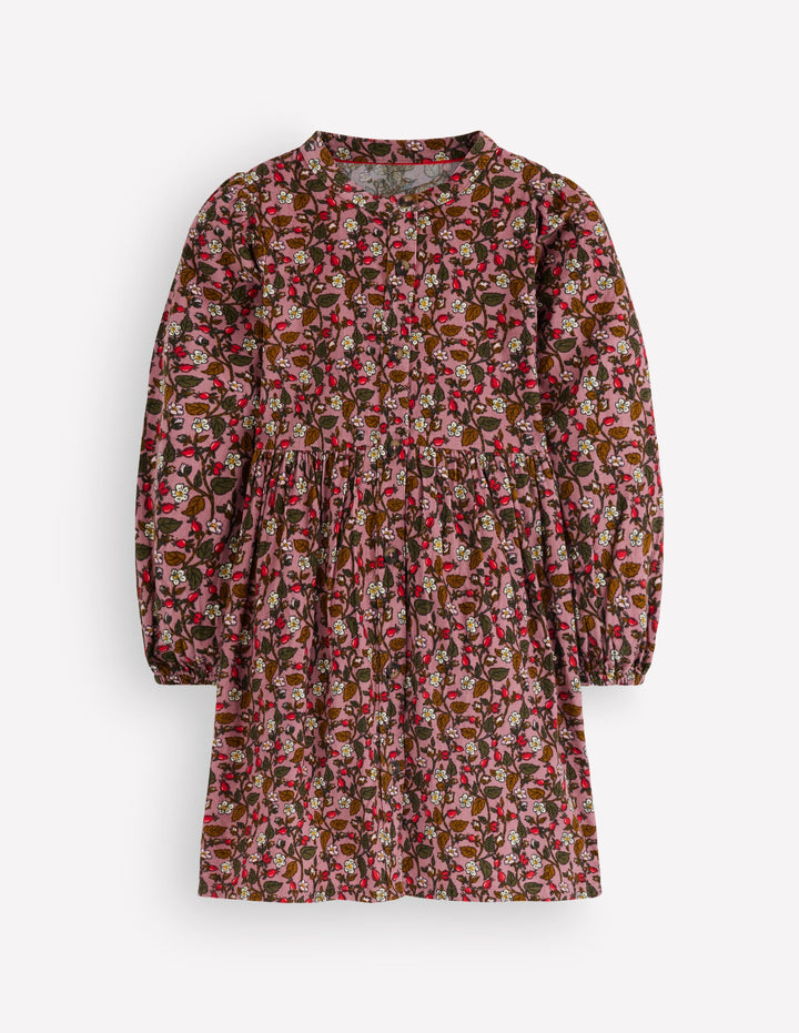 Betsy Woven Puff Sleeve Dress-Pink Floral Corduroy