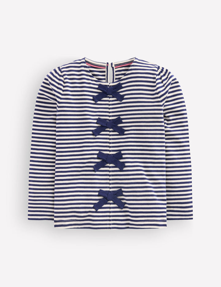 Rib Bow Trim Top-Navy Stripe