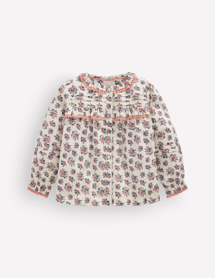 Frill Button Through Woven Top-Soft Cream Floral Trellis