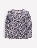 Frill Sleeve Slub Top-Navy Floral