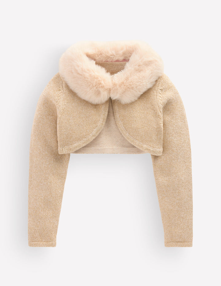 Faux Fur Trim Cropped Cardigan-Gold Sparkle