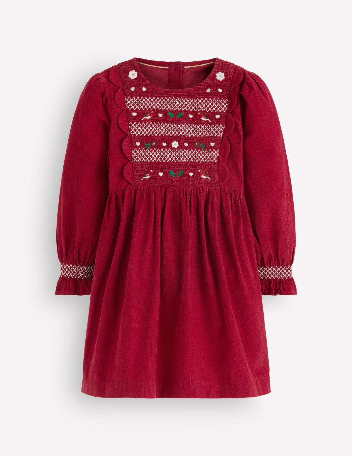 Smocked Corduroy Sparkle Dress-Red Festive Robins-2