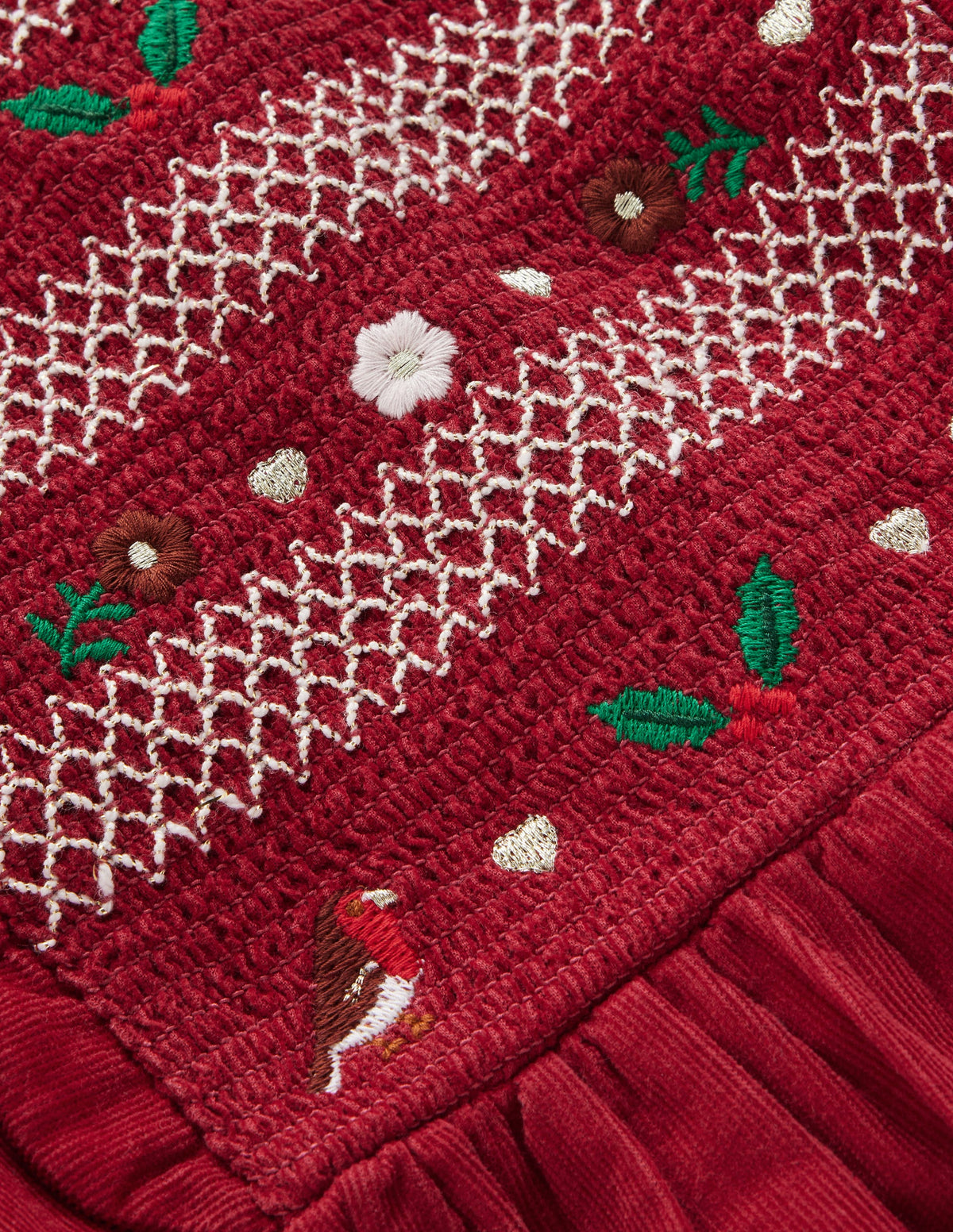 Smocked Corduroy Sparkle Dress-Red Festive Robins-4
