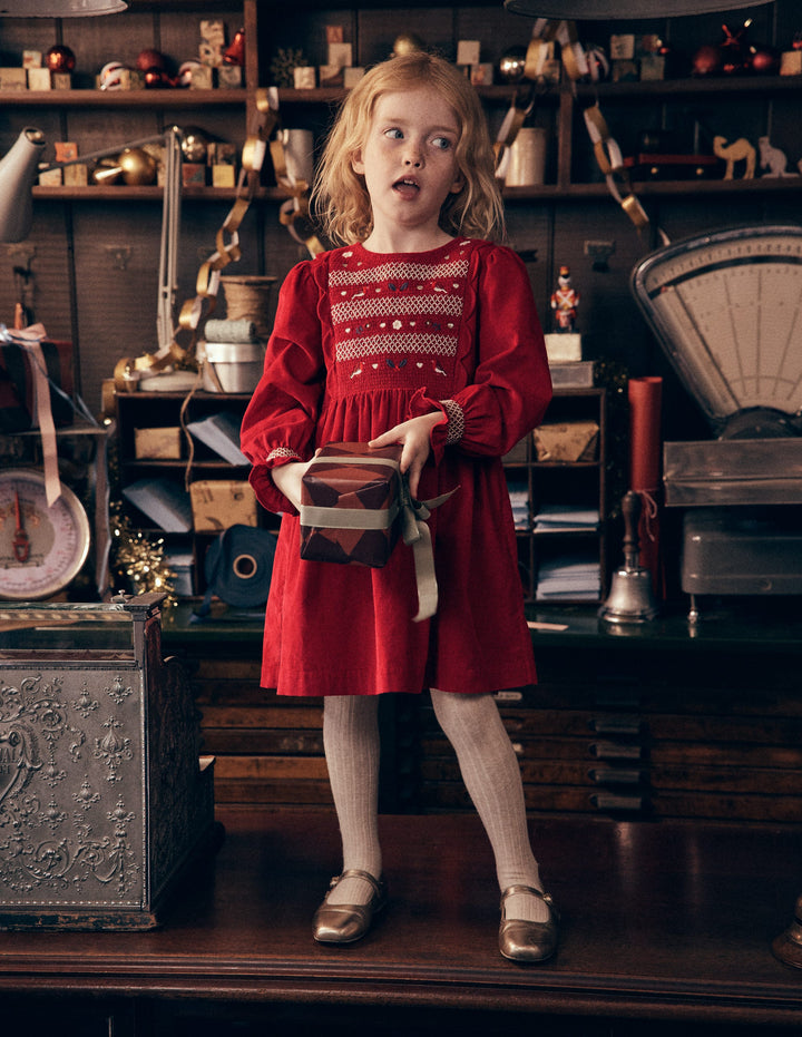Smocked Corduroy Sparkle Dress-Red Festive Robins