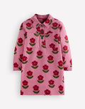 Collared Shirt Dress-Pink Flower Stamp