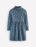 High Neck Ribbed Dress-Blue Floral