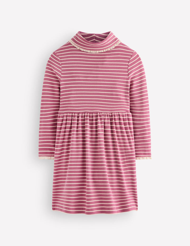 High Neck Ribbed Dress-Pink Stripe