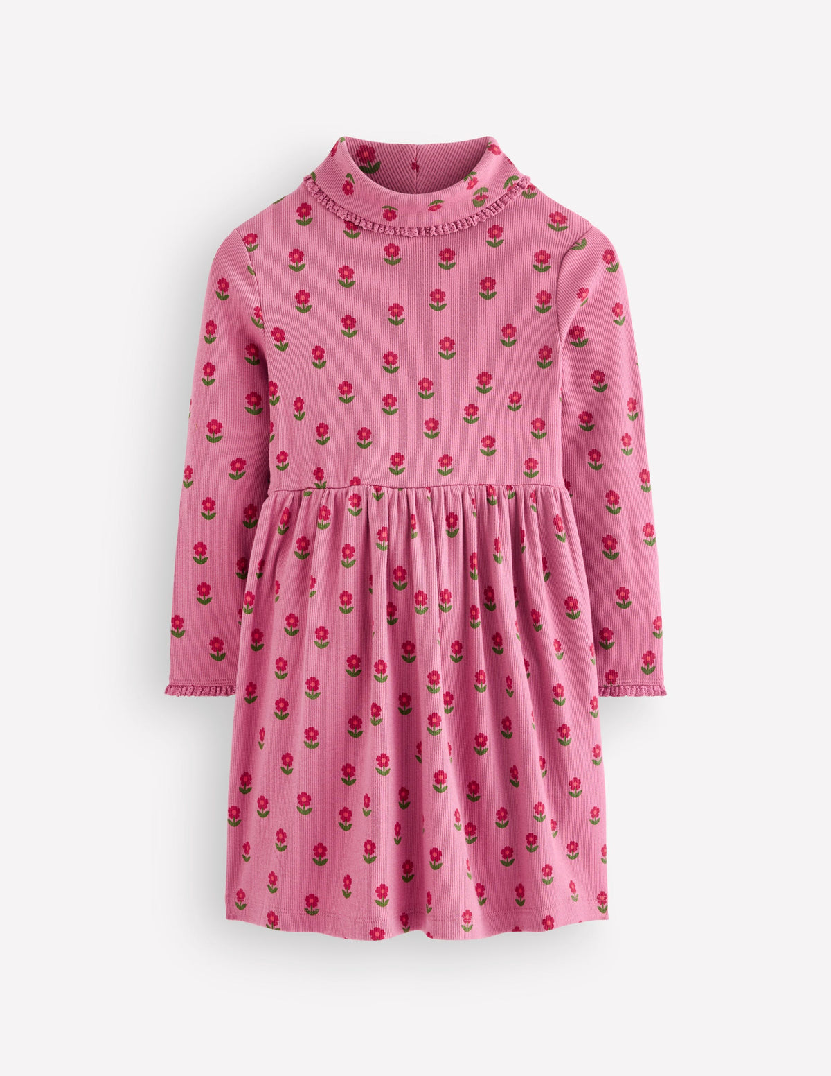 High Neck Ribbed Dress-Pink Flower Stamp - Image 2