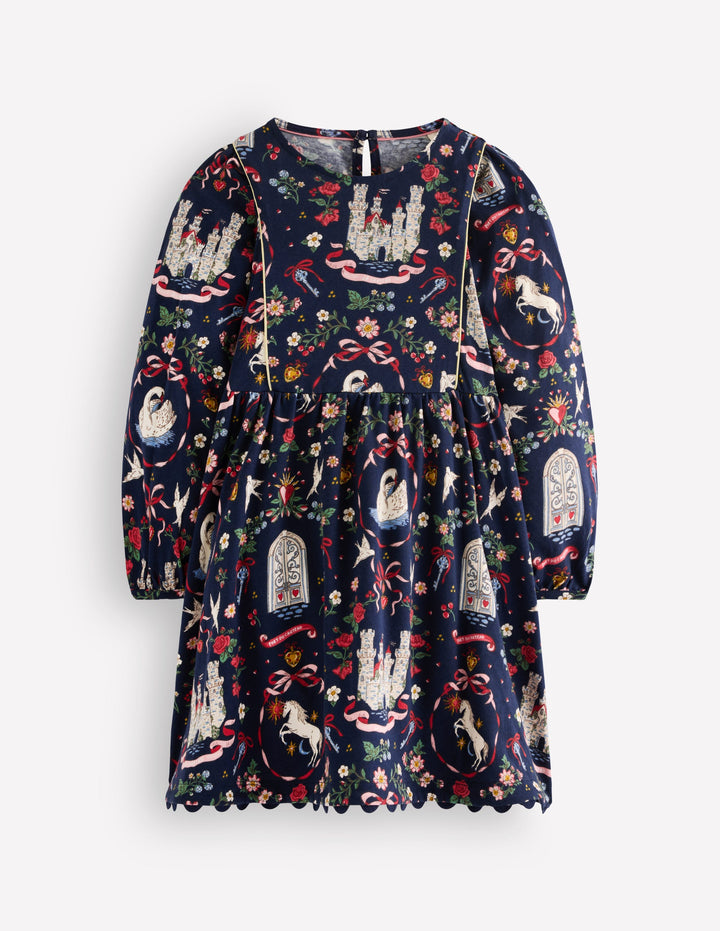 Mabel Twirly Sparkle Dress-Navy Castle Print