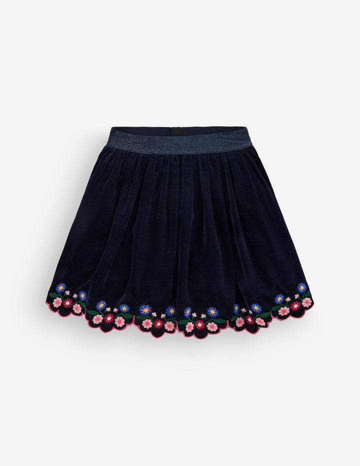 Scallop Hem Velvet Skirt-Navy Embroidery