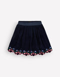 Scallop Hem Velvet Skirt-Navy Embroidery