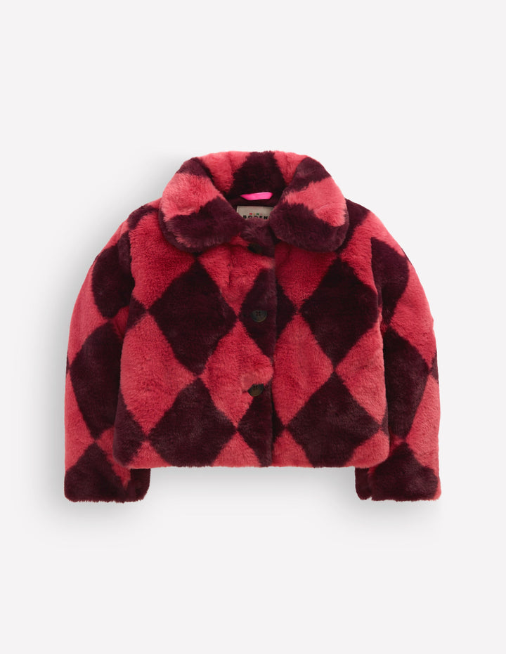 Cropped Faux Fur Jacket-Pink Argyle