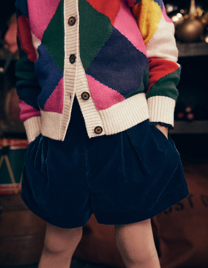 Velvet Pleated Shorts-College Navy