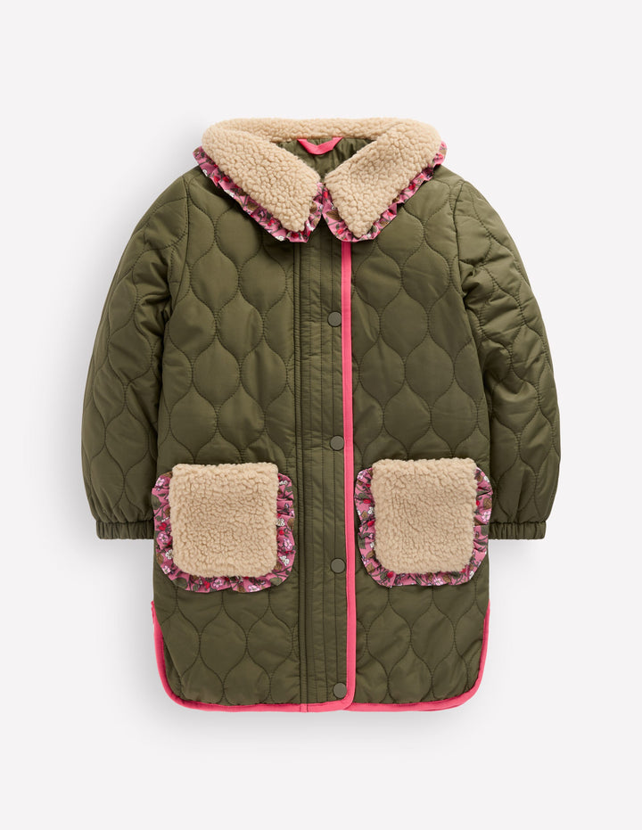 Long line Borg Collar Jacket-Woodland Green