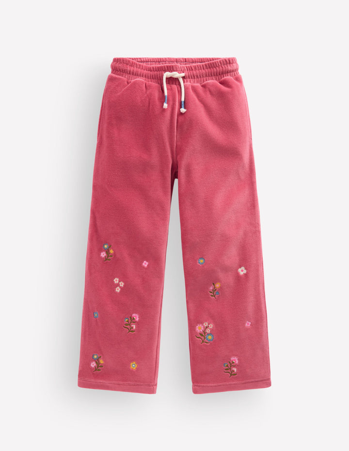 Velour Wide Leg Joggers-Pink Embroidery