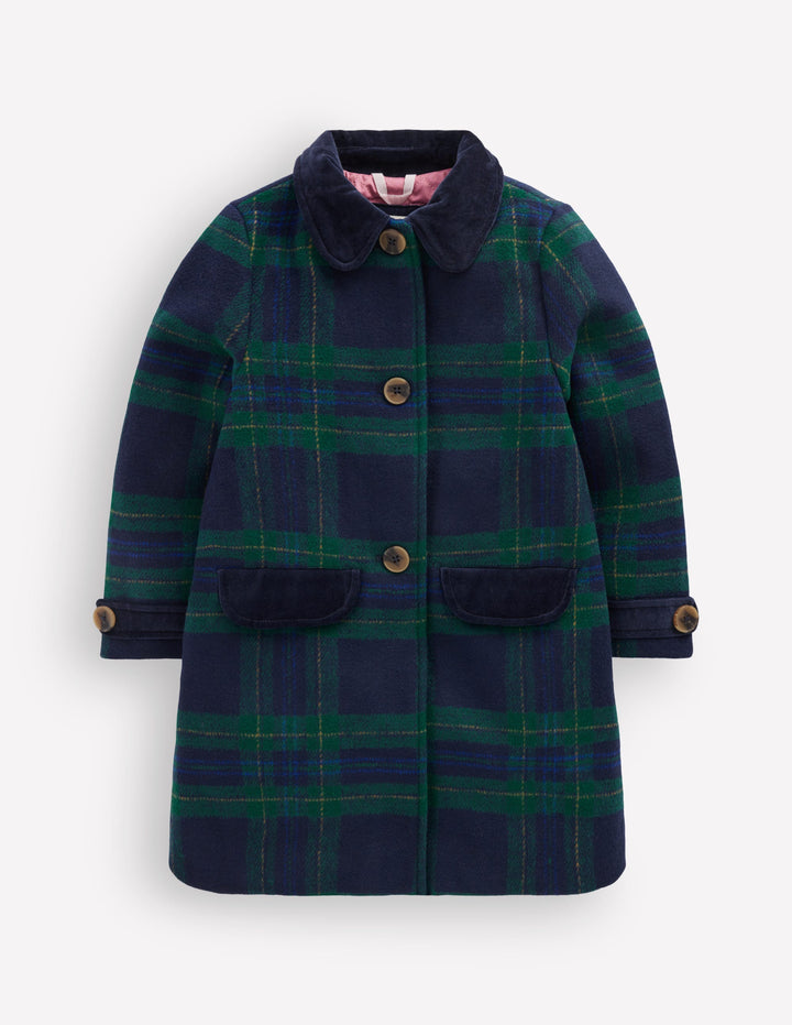 Velvet Trim Wool Coat-Navy Check
