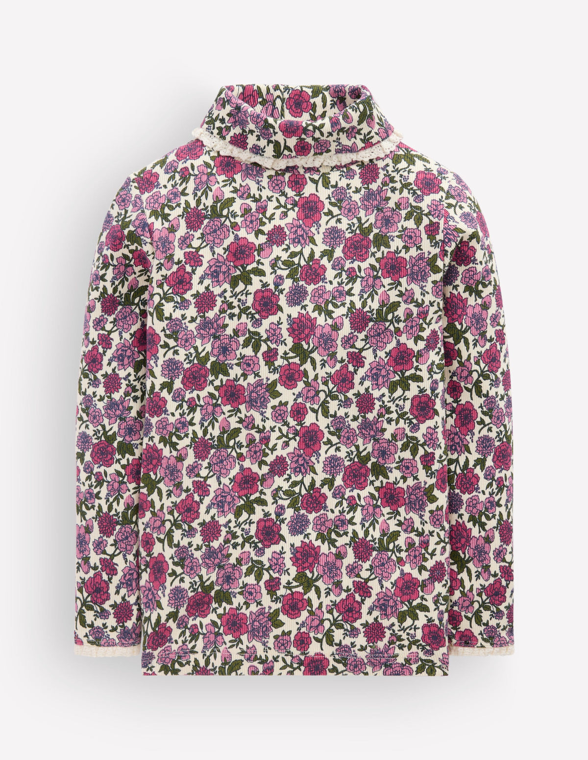 Lace Trim Roll Neck Top-Ivory/Pink Floral-1