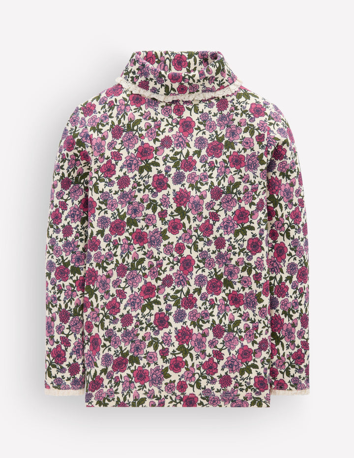 Lace Trim Roll Neck Top-Ivory/Pink Floral