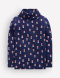 Lace Trim Roll Neck Top-Navy Flower Stamp