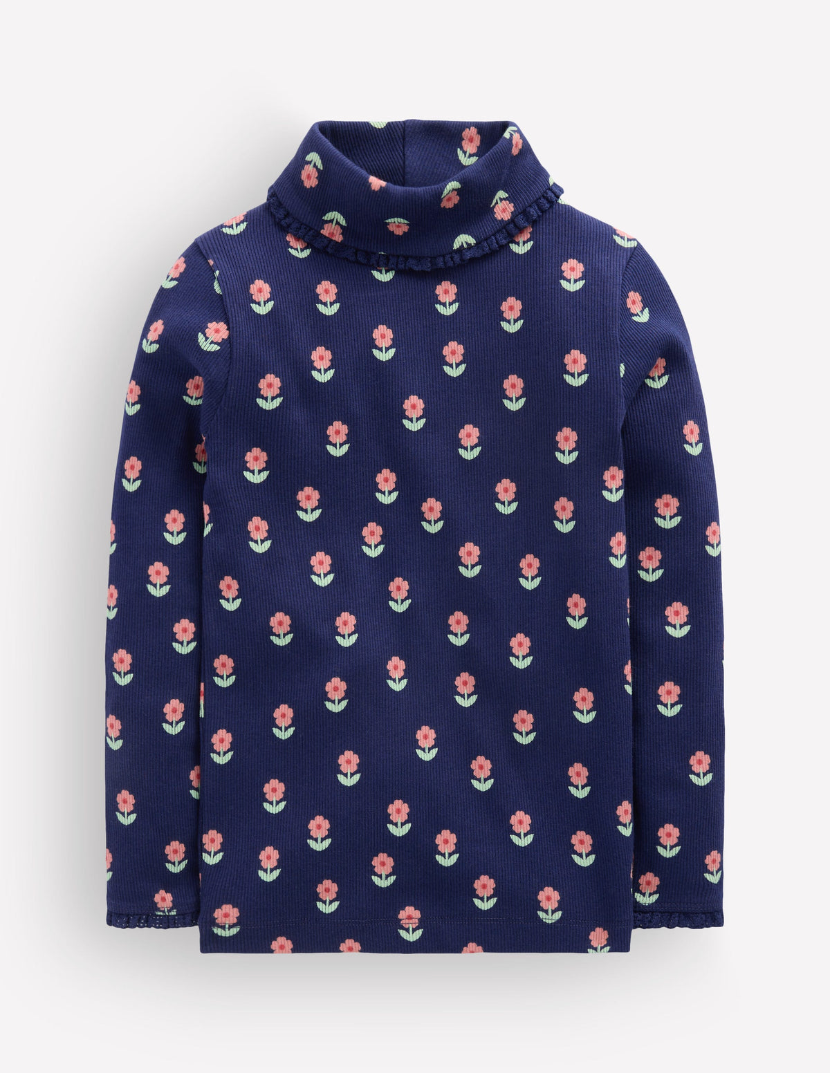 Lace Trim Roll Neck Top-Navy Flower Stamp-1